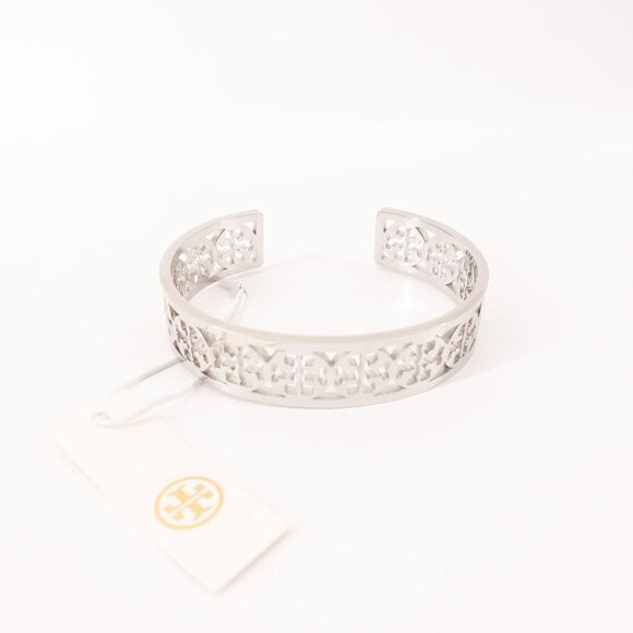 Tory Burch TB Gold Logo Cut out Cuff Bracelet Silver OS - Picture 2 of 10